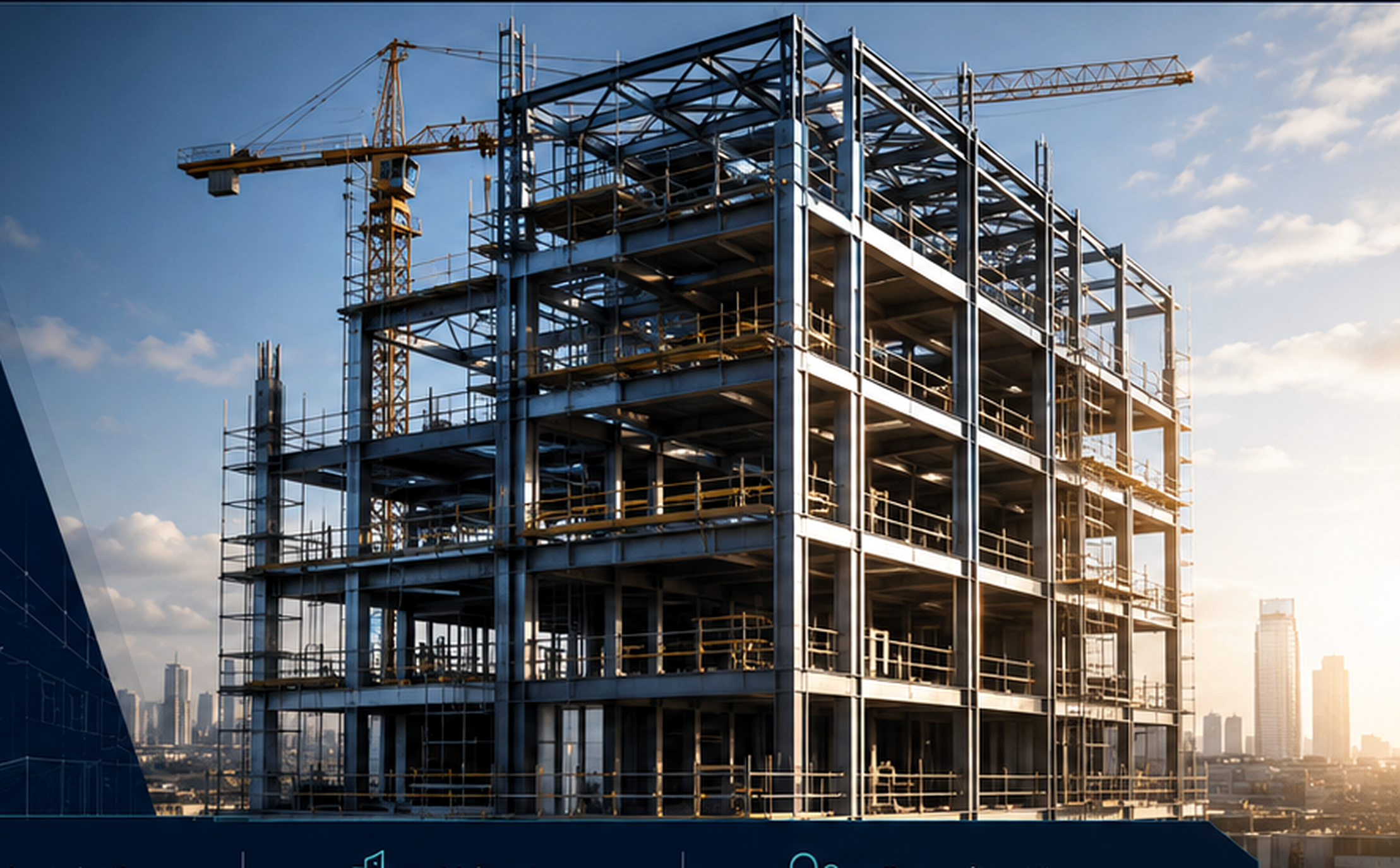 Clădire modernă în construcție cu structură metalică și macarale